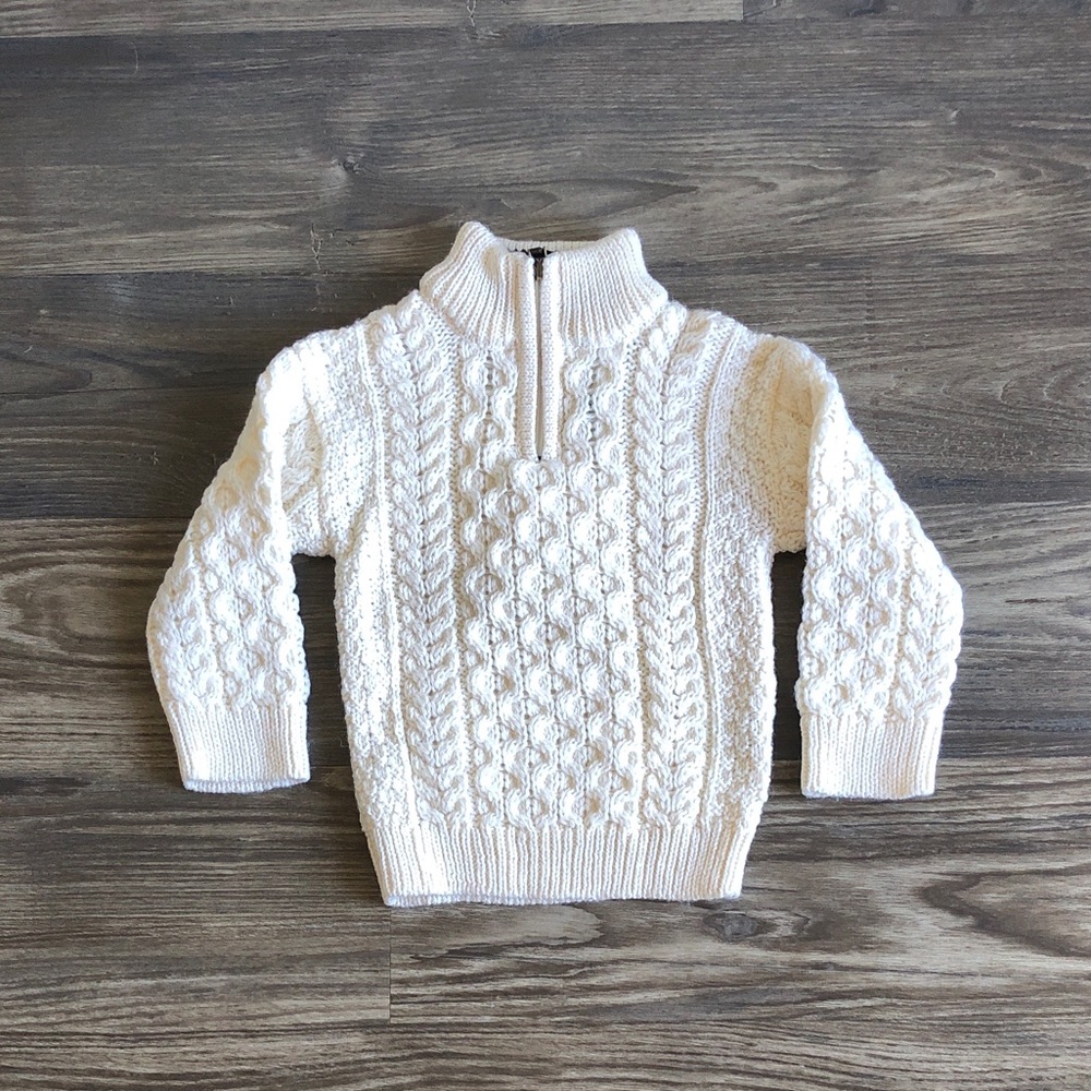 New Original Aran Co Kids Merino Wool Sweater 1/4 Zip 1 2 Cream Ivory